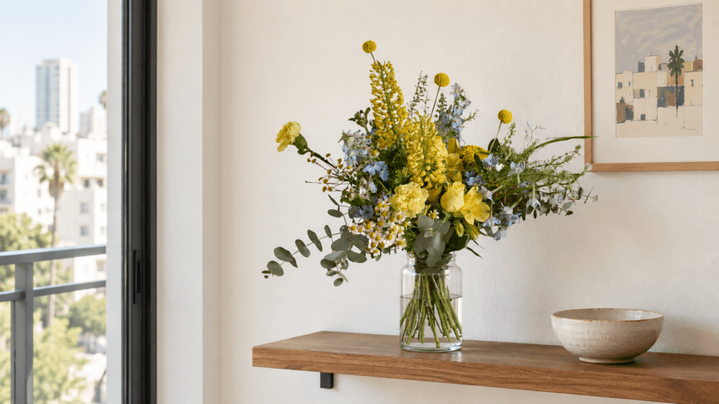 זר Wildflower צהוב וכחול על מדף עץ צר בדירה תל אביבית קטנה