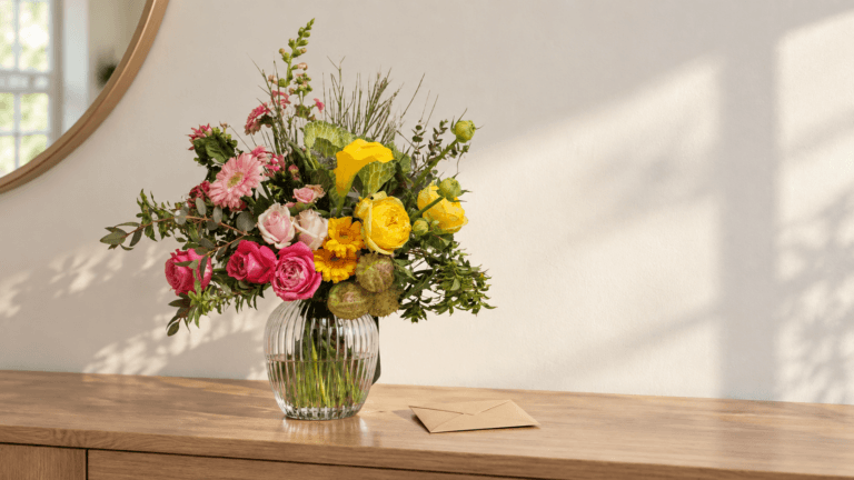 סידור Wildflower ורוד וצהוב באגרטל זכוכית לצד מעטפת מתנה על קונסולה