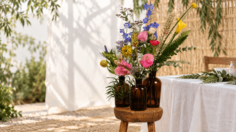 סידור Wildflower אמיתי בבקבוקי זכוכית חומים לצד שולחן אירוח בסוכה