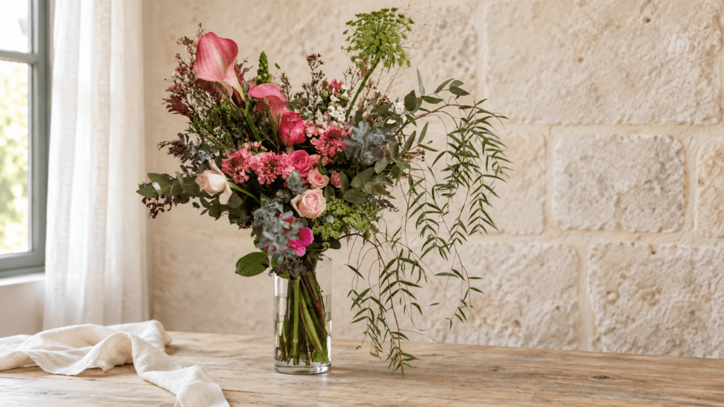 זר Wildflower ורוד פראי עם קאלות וענפי ערבה בחלל אבן מואר