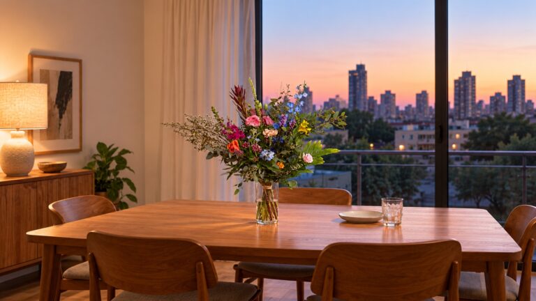 זר צבעוני ואסימטרי באגרטל שקוף על שולחן בבית בשעת ערב, מול חלון ולצד אור מנורה
